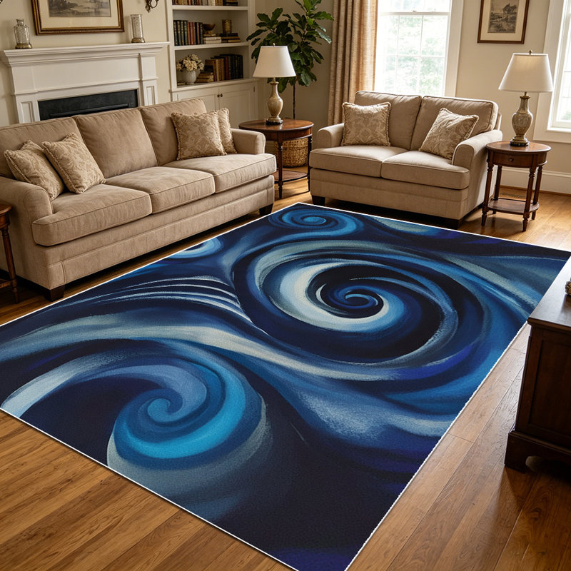 1PC Abstract Swirl Dark Blue Silver Art area rugs for Living Room, Soft and Comfortable, Suitable for all seasons, easy-to-maintain, machine washable Indoor floor mat, Under Table Farmhouse suitable for bedroom, dining area, entryway, patio, home