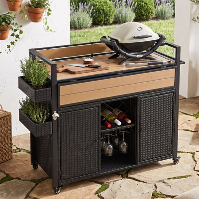 Wicker Outdoor Grill Cart with Extended Table Top and Storage Cabinet