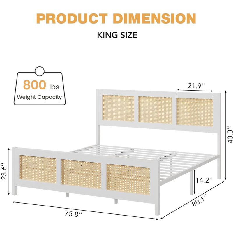 Cadre de lit bohème en rotin avec tête de lit – Lit plateforme King Size, lattes métalliques robustes, silencieux, sans sommier, mobilier de chambre moderne – Blanc K