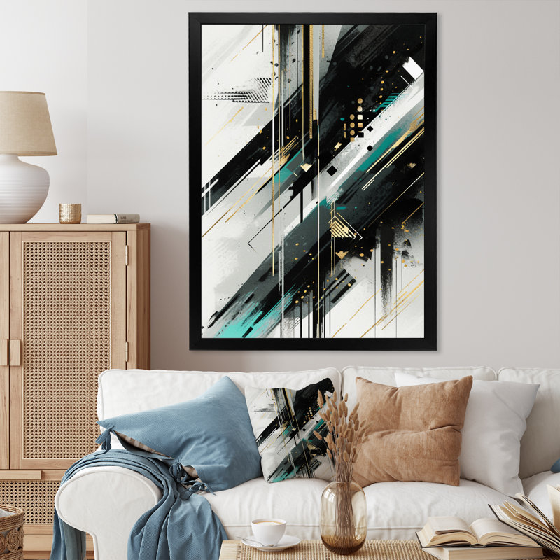 Vert blanc blanc cubiste kaléidoscope III sur toile, Cadre simple noir, H 32 po x l 16 po x P 1 po