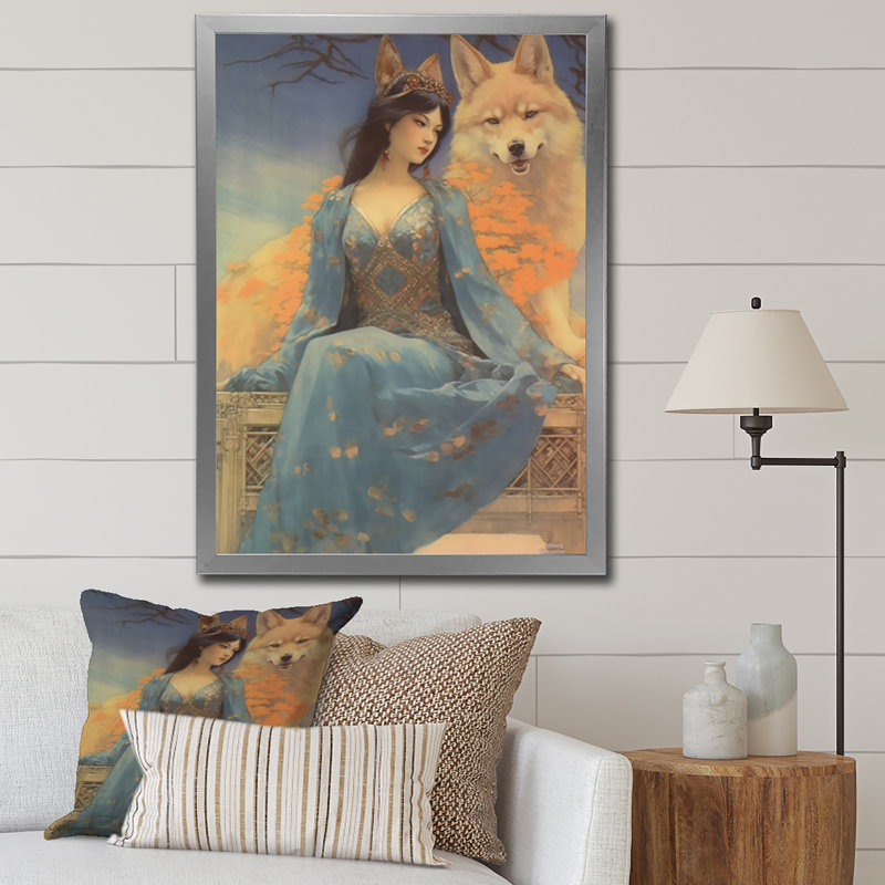 Cosmic Fox with Mystical Woman - reproduction sur toile, H 20 po x l 12 po x P 1 po, Cadre simple argenté