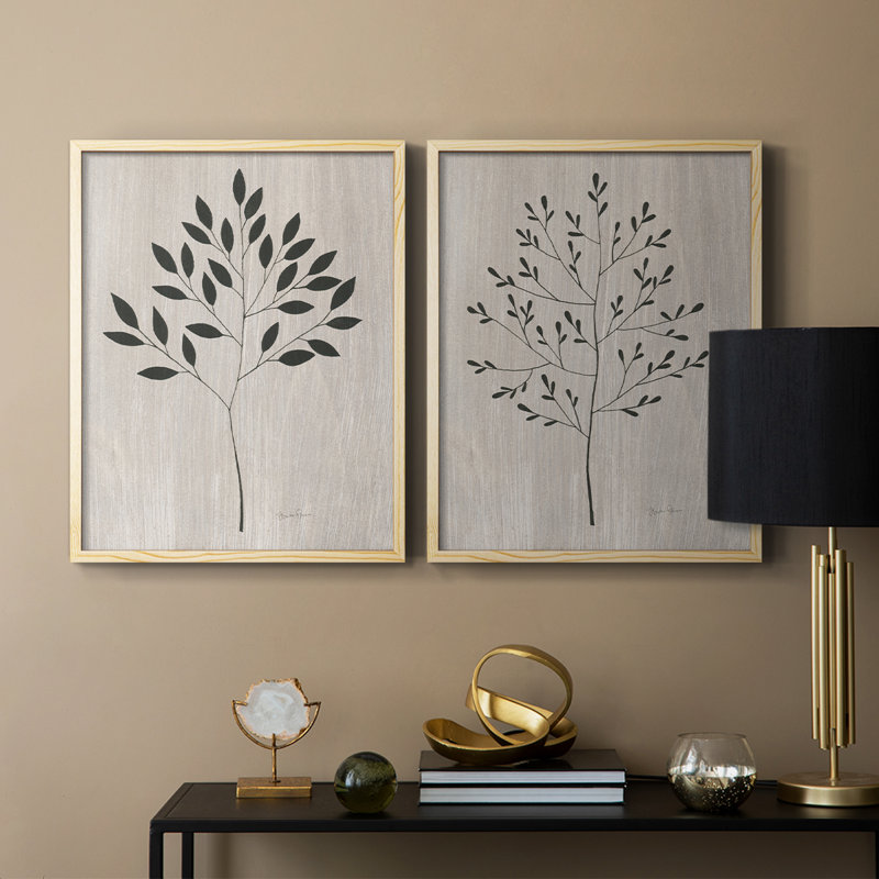 Feuilles et bois I - impression encadrée de qualité supérieure - prête à être accrochée - aucun clou requis - aucun clou requis