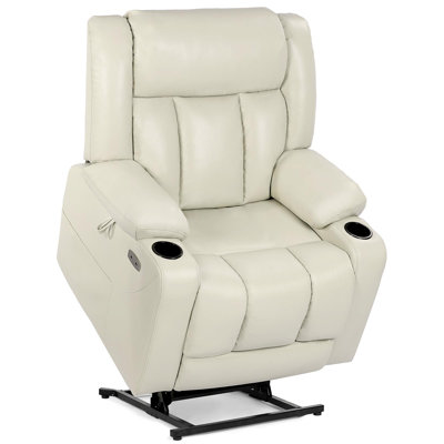 EONIX Dual Motor Oversized Power Lift Recliner Chair for Elderly, 400lbs Heavy Duty Leather Recliner with Massage and Heat, Lay Flat Big and Tall Lift Chair with Cup Holders, Cream White