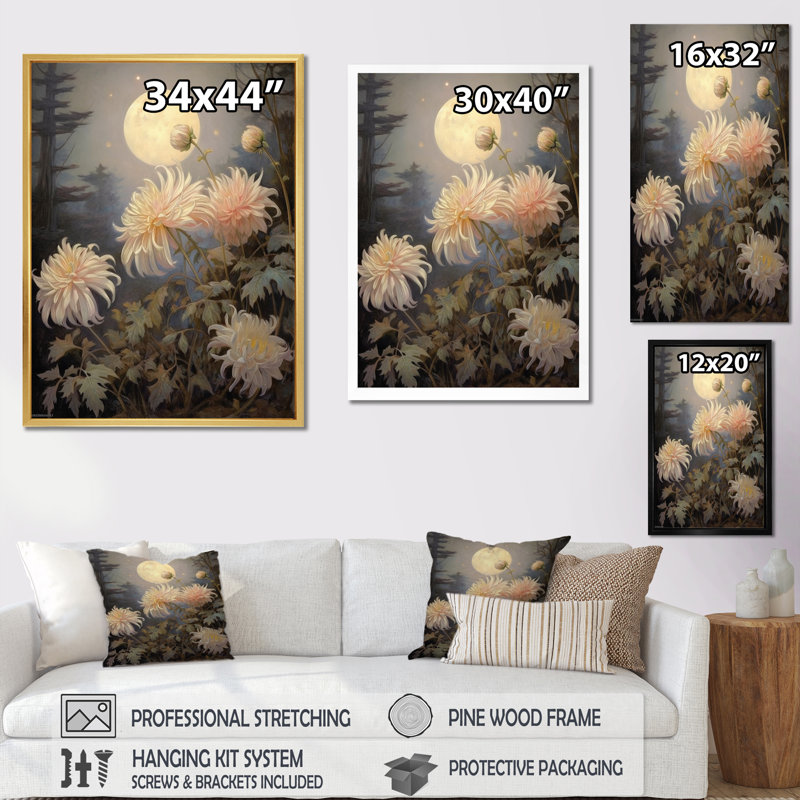 «Blooming Pastel Chrysanthemum Retro Full Moon» sur impression sur toile, Cadre flottant doré, H 40 po x l 30 po x P 1,5 po