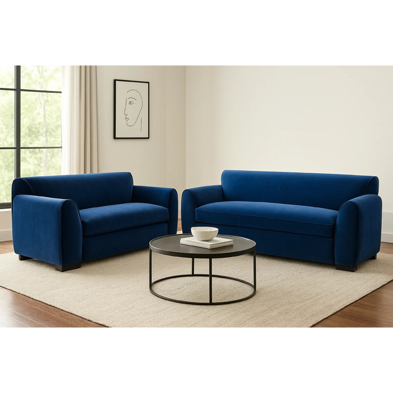 Ensemble canapé et causeuse Sero 2 pièces, siège de style banc, velours bleu royal, Velours bleu royal