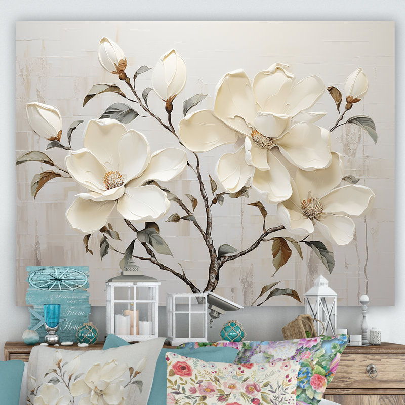 Fleur de magnolia beige et vert - art mural Magnolias, H 12 po x l 20 po x P 1 po, Toile tendue