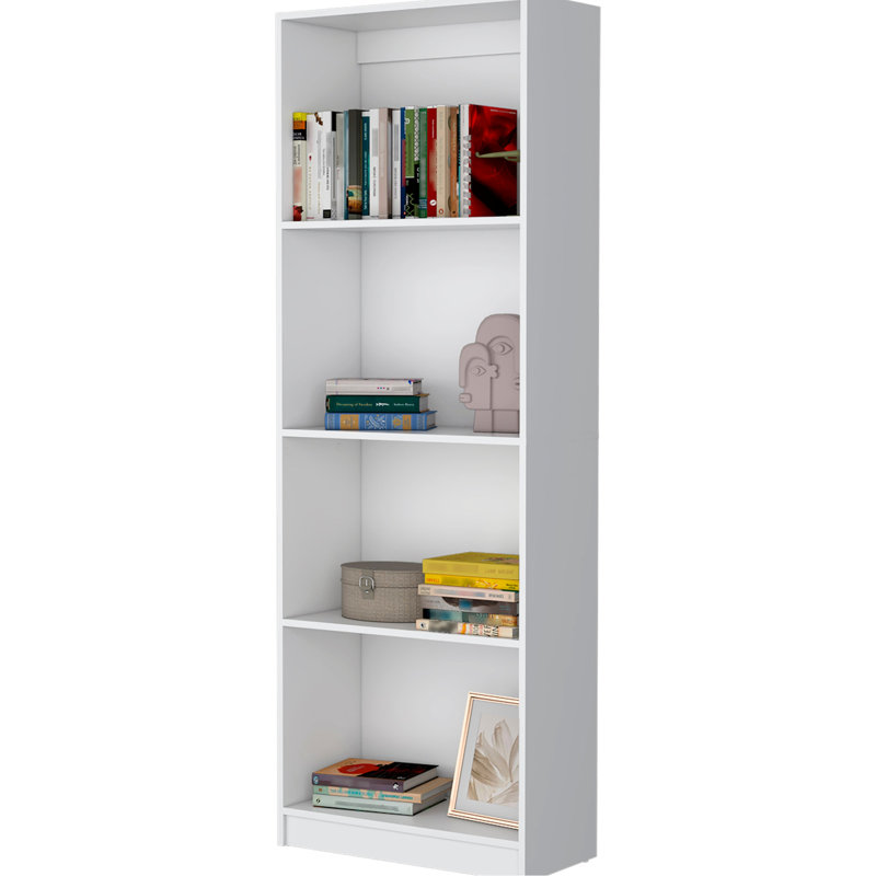 White Bookcase With 4 Tiered Shelves. Enhances Interior Decor. Blends Classic And Modern. Offers Ample Storage. 71.1 Inches Height X 24.7 Width 11.7 Depth. Wood Material. Closed Back Shelf 4 Storage