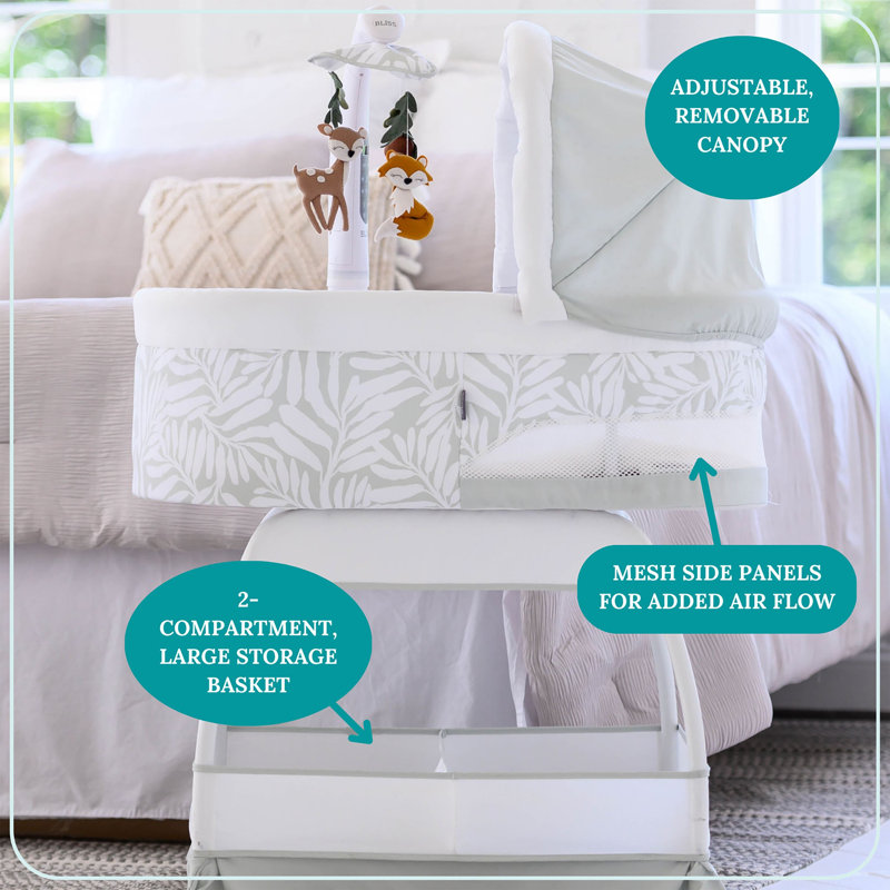Bassinet with Bedding with Mattress, Sage Fern Leaves