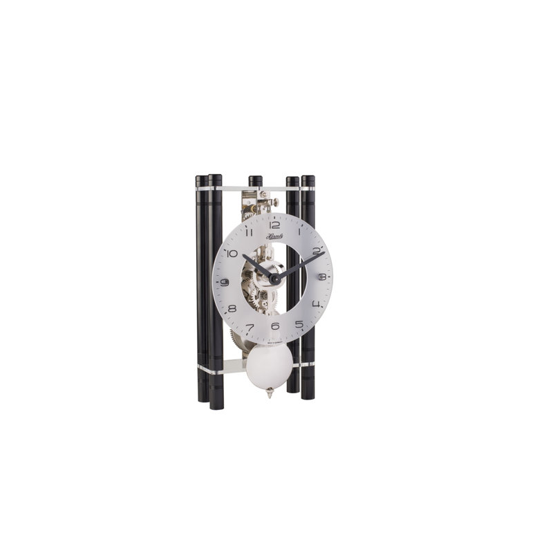 Rectangular Table Clock with Aluminum Pillars and an 8 day Mechanical Time Only Movement.  Gold with a Roman Metal Dial and Brass Pendulum.