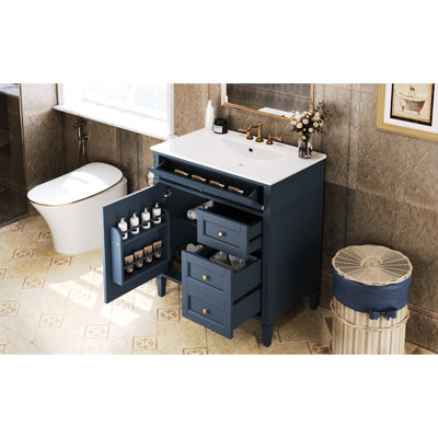Meuble-lavabo de 30 po avec lavabo, 2 tiroirs, tiroir coulissant, organisateur de porte d'armoire, glissières de tiroir en métal lisse, poignées texturées supérieures de style moderne et diverses fonctions de rangement, tablette réglable
