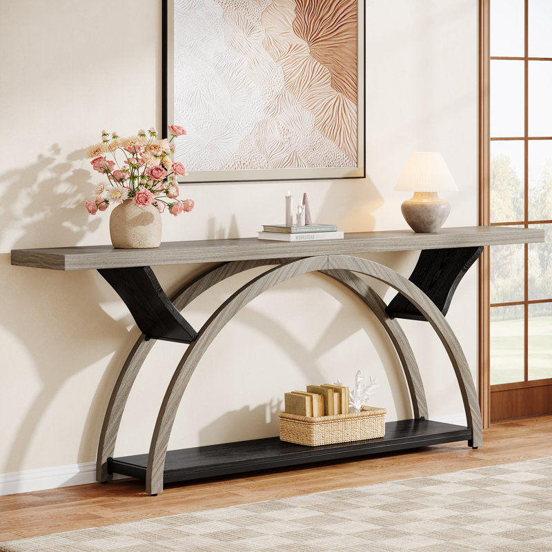 Console 70,87 po avec tablette de rangement, canapé industriel rustique avec cadre en demi-lune pour le hall d'entrée ou le salon