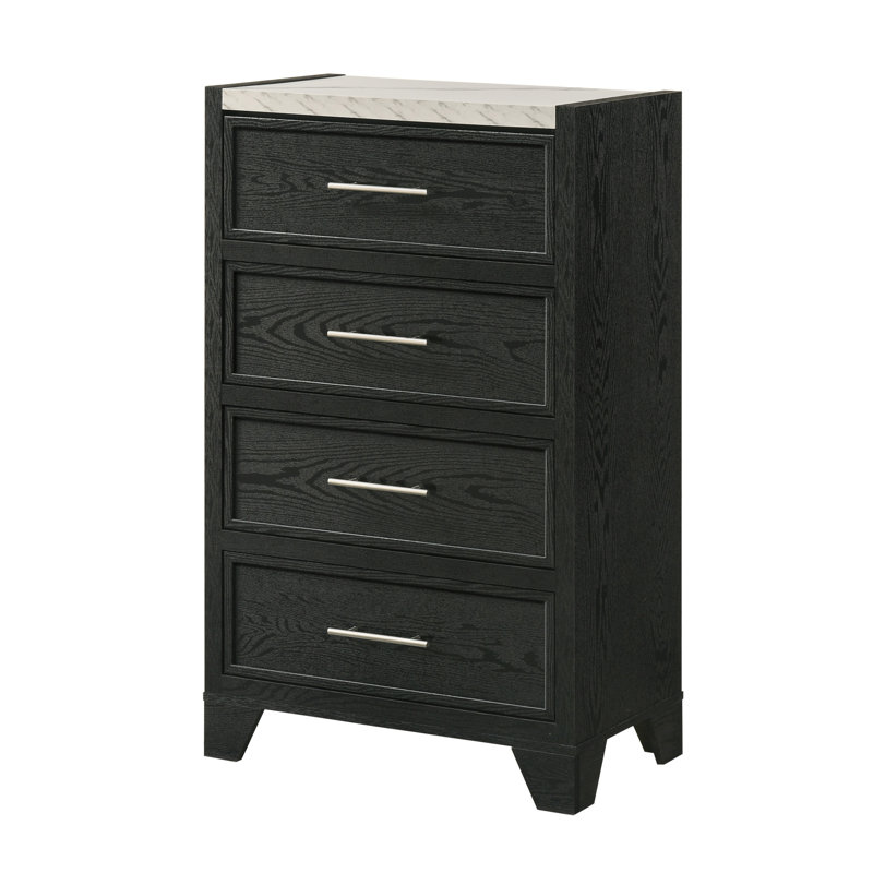 1Pc Contemporary Modern White Faux Marble Top 4 Drawers Tall Chest Black Finish Bedroom Furniture
