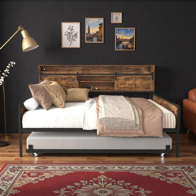 Twin Size Farmhouse Daybed With Pop-up Trundle, Sliding Door Headboard, Daybed With Charging Station & Led Light by Everly Quinn