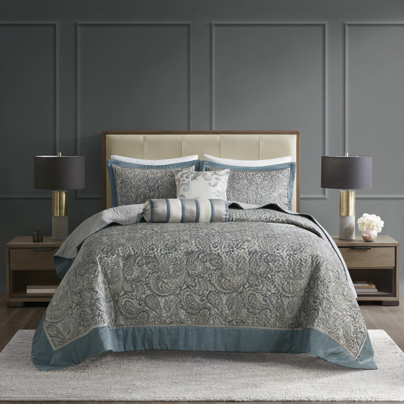 Ensemble de 5 couvre-lits réversibles en polyester jacquard, Sarcelle, Couvre-lit grand + 4 pièces supplémentaires