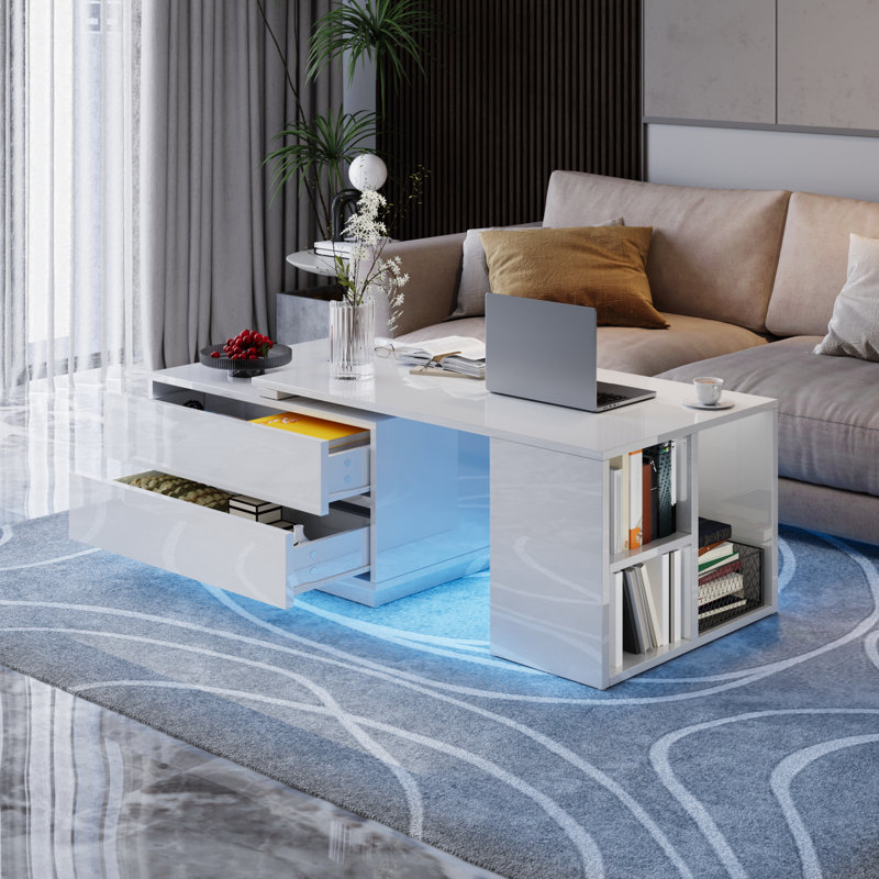  35"- 60" Extandable LED Coffee Tables With Storage 4 Drawers & Open Shelves, White