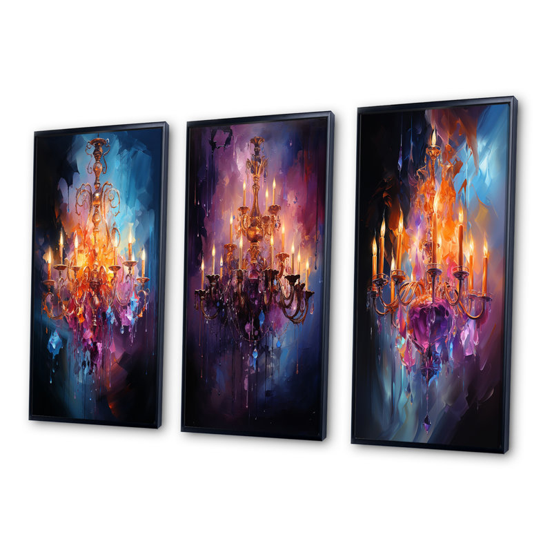 «Chandelier Energetic Fusion», 3 pièces sur toile, Cadre noir, H 40 po x l 60 po