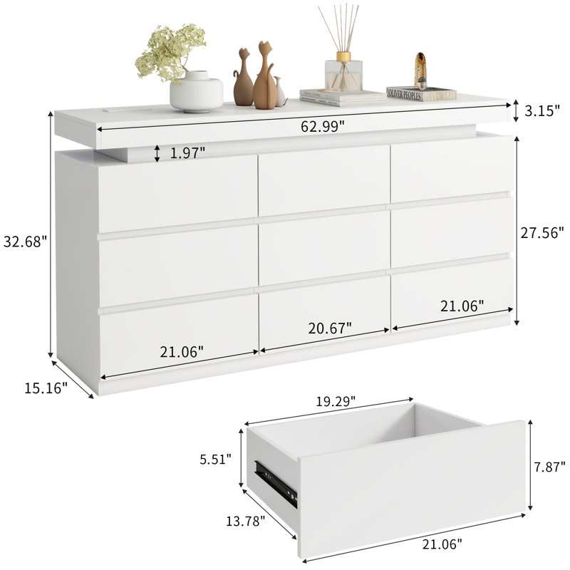 Modern 9-Drawer Dresser With LED Lighting & Built-In Charging Station - White/Black (Extra Deep Storage), White