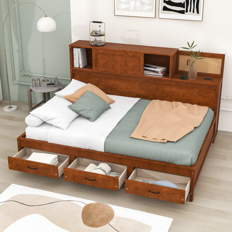 Auddis Wood Daybed with 3 Storage Drawers and Shelves, White, Full/Double