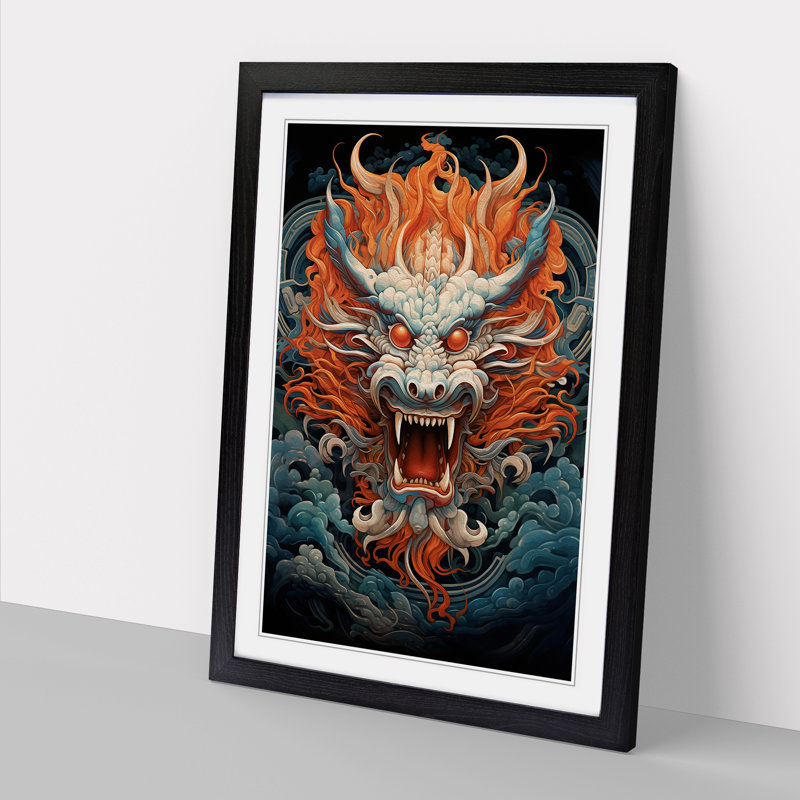 Chinese Dragon Geometric - Single Picture Frame Print on Wood, Black Framed, 64cm H x 46cm W x 2cm D
