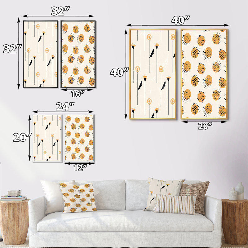 «Retro Vintage Boho Doodles and Geometrics I», ensemble de 2 peintures, H 40 po x l 40 po x P 1,5 po, Toile avec cadre doré