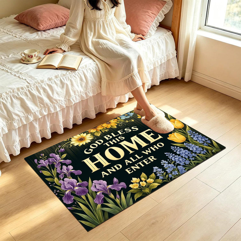  Tapis d'entrée antidérapant pour l'intérieur, 20 po x 32 po, God bless floral Welcome, God bless floral welcome, 20"x32"