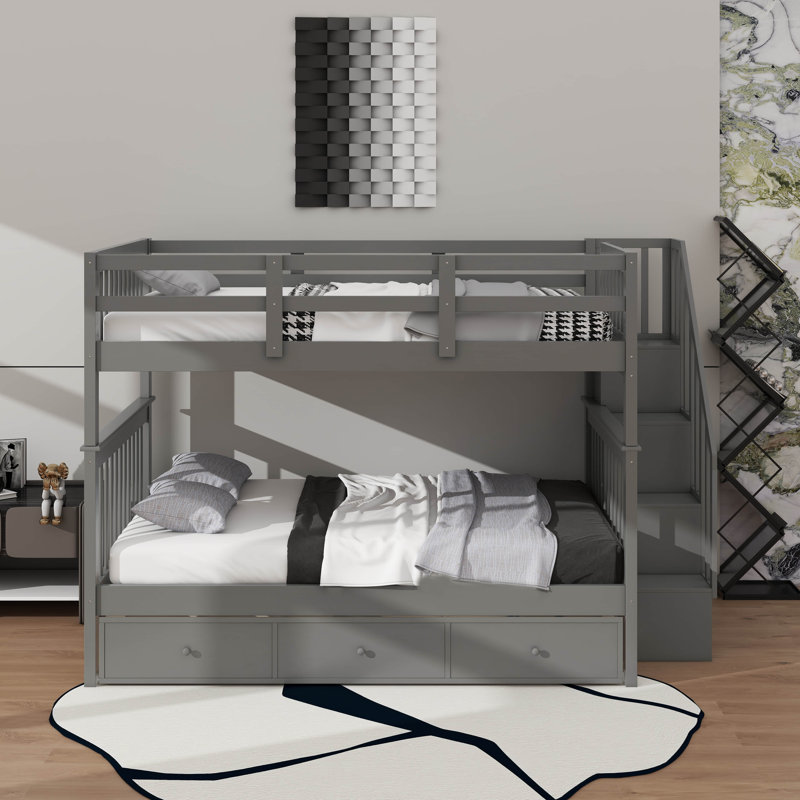 Lit superposé double avec tiroirs, escalier de rangement et garde-corps, convertible en 2 lits séparés, Gris