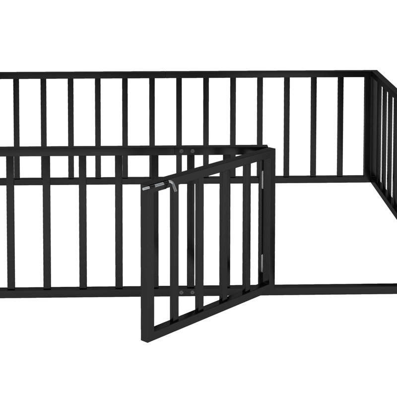 Diocles Metal Floor Bed Frame with Fence & Door, Full, Black