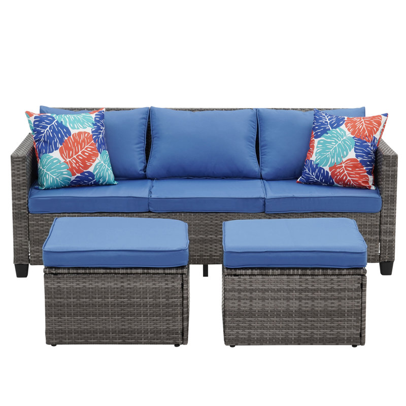 Canapé d'extérieur en rotin 3 pièces Gdy, Coussin bleu marine