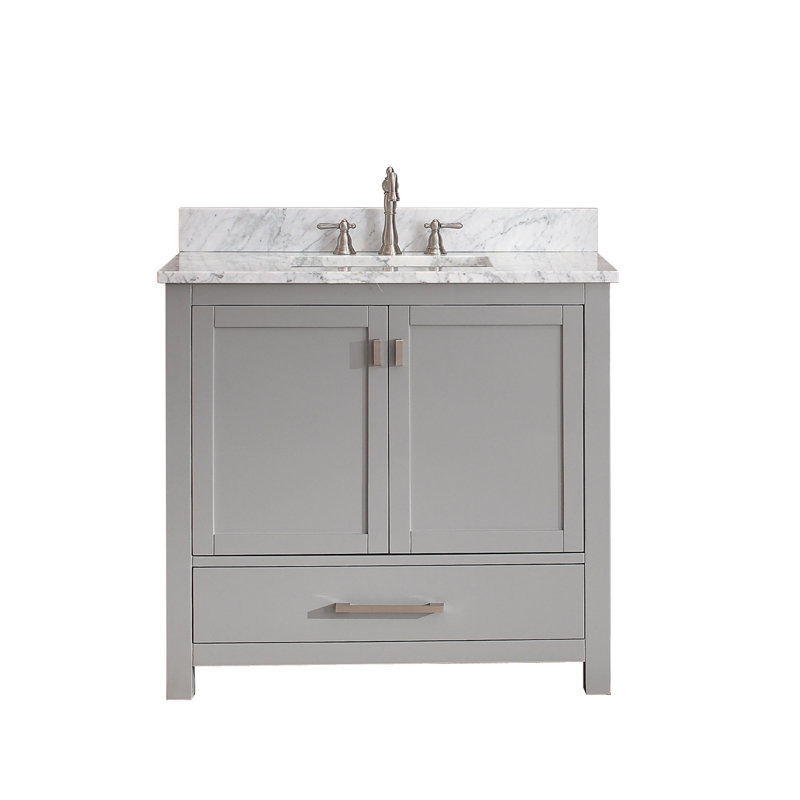 Modero 36" Single Bathroom Vanity with Top, Carrera White Marble, Chilled Gray, Brushed Nickel