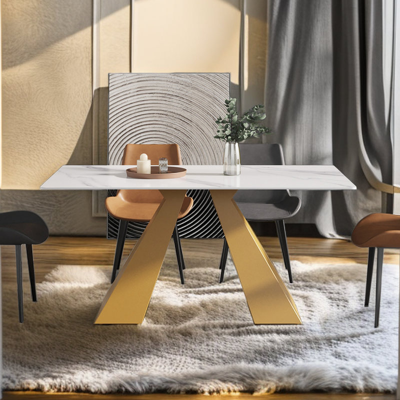 Modern White Marble Rectangular Dining Table with Gold Pedestal
