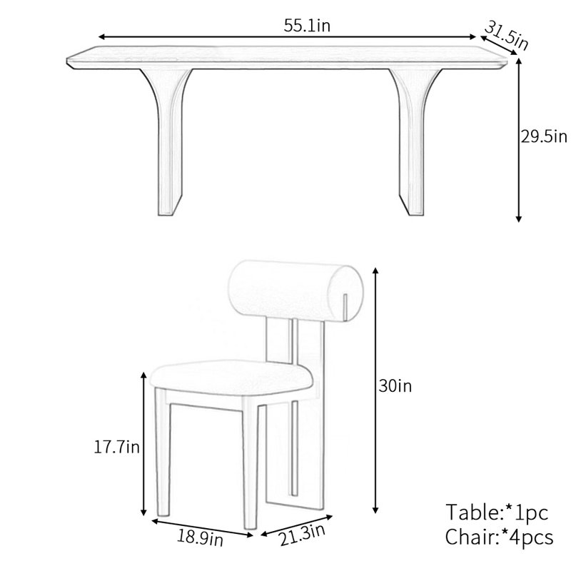 Retro light luxury rectangular dining table set, 29.5"H x 55.1"L x 31.5"W