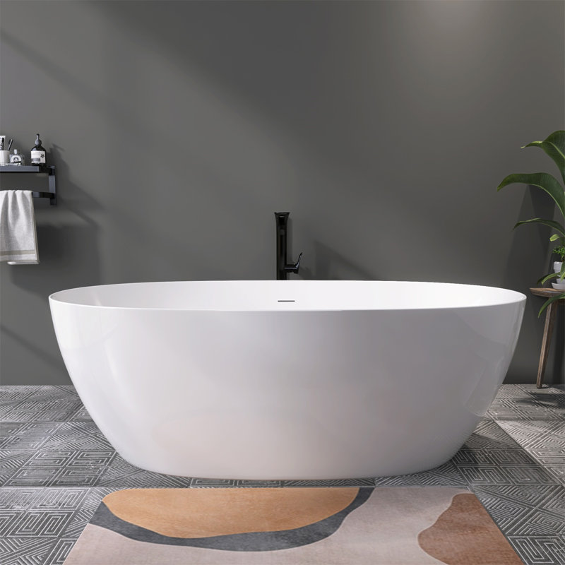 Baignoire autoportante 67 po en acrylique de forme ovale classique, baignoire autoportante réglable avec trop-plein encastré