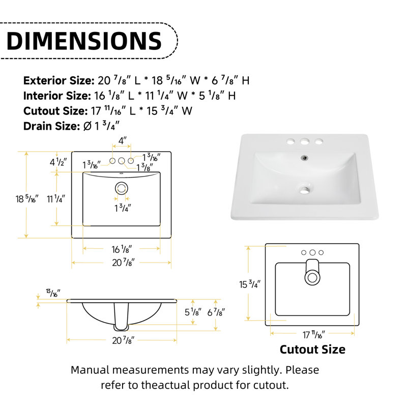 Los Flexi White Drop In Bathroom Sink Ceramic Rectangular with Faucet Hole & Overflow, 20.87" L x 18.31" W x 6.89" H