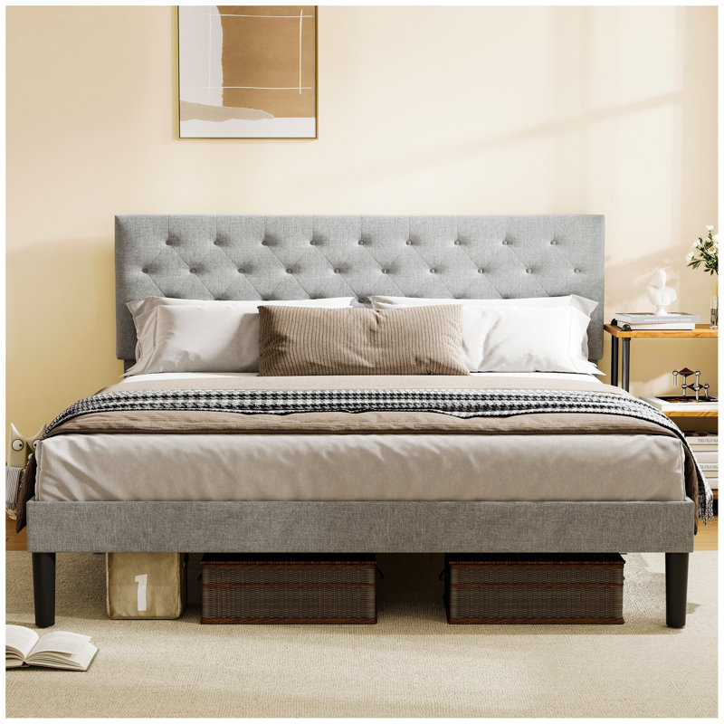 Simple Grey Bed frame, Adjustable Headboard, Queen
