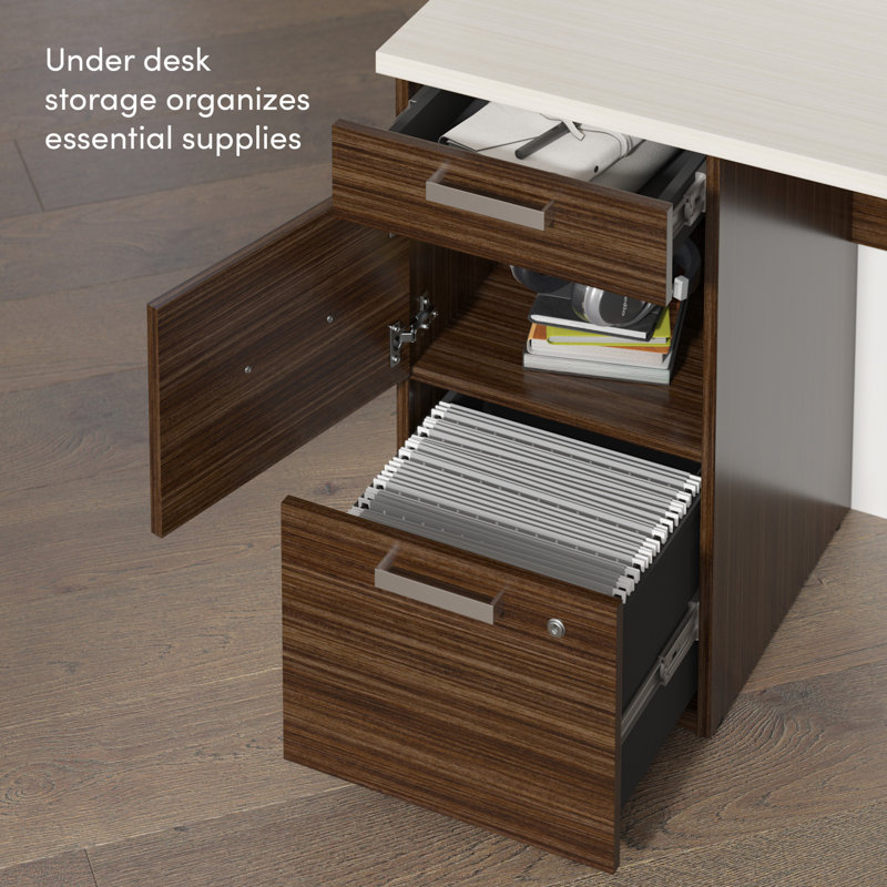 65-inch U Shaped Desk with Hutch, File Cabinet, and Bookcase in White Chocolate, Dark Chocolate / White Chocolate