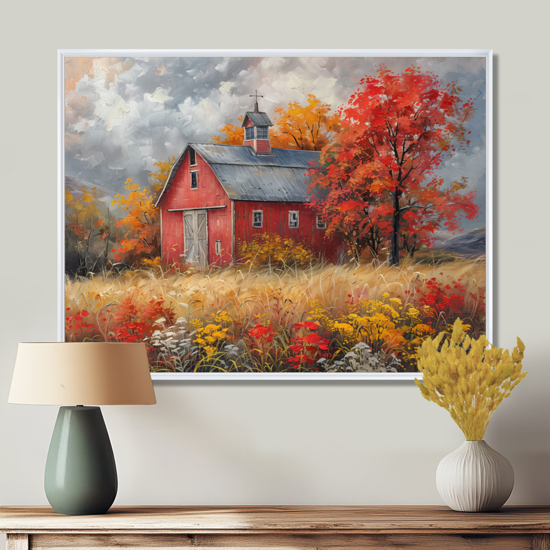 Automne rouge grange brise I - impressions encadrées de grange, Toile encadrée flottée blanche, H 34 po x l 44 po x P 1,5 po