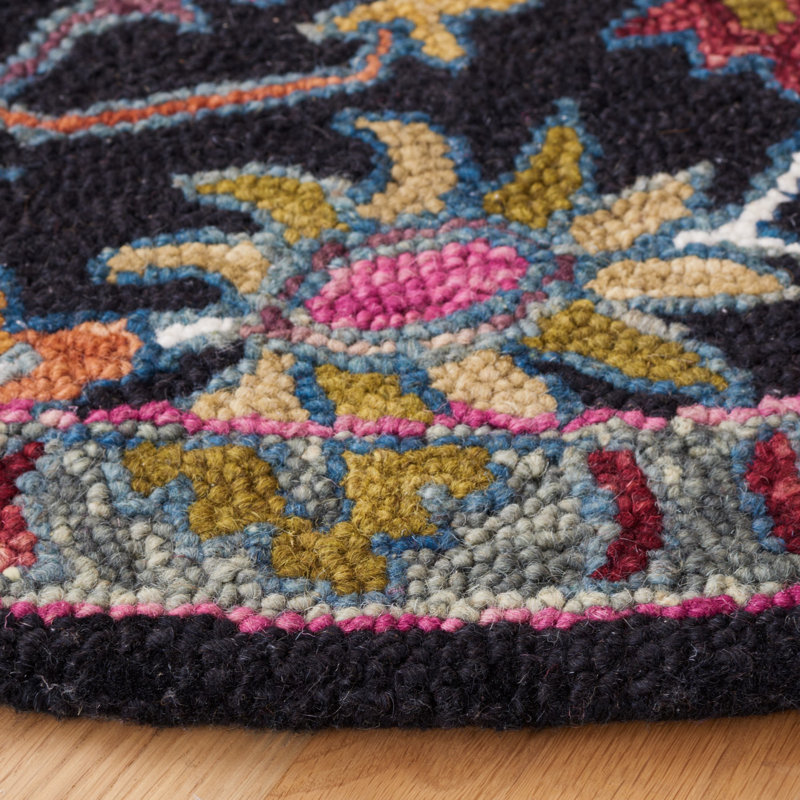 Tapis oriental en laine / coton touffeté à la main en noir / rose, Carré 5 pi