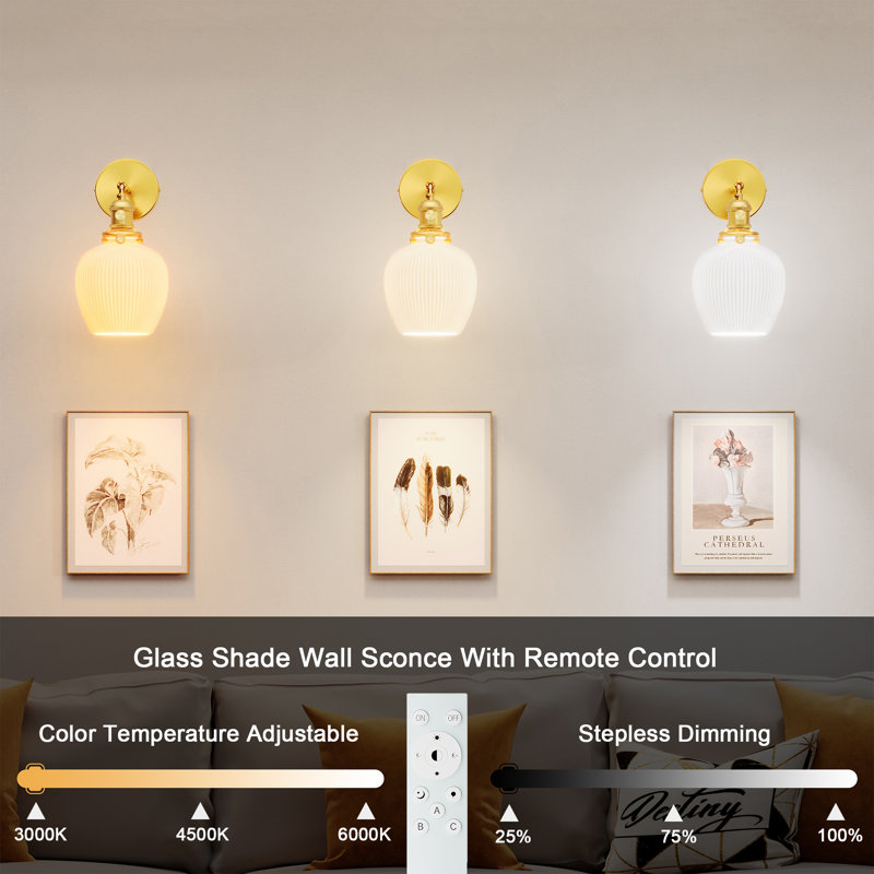 Lampe murale en laiton avec télécommande FANHAO avec télécommande et abat-jour en verre pour la maison (ampoules incluses)