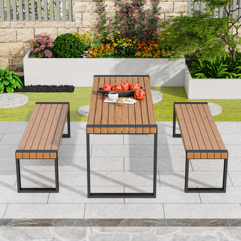 Modern 3-Piece Indoor Outdoor Acacia Wood Dining Table Set with Two Benches and Steel Base