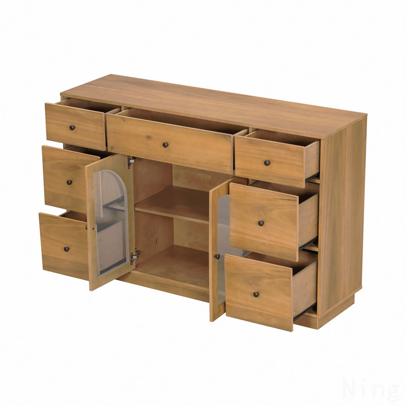 Large Size Accent Storage Cabinet, For Living Room/Dining Room Entrance With 2-Doors And 7-Drawers, Natural