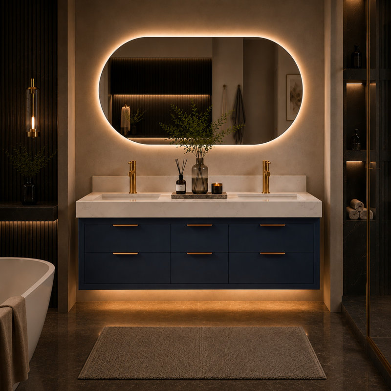 Melora 60" Wall-Mounted Modern Bathroom Vanity With Double Sink, Soft-Close Drawers, White Stone Countertop & LED Light, Blue