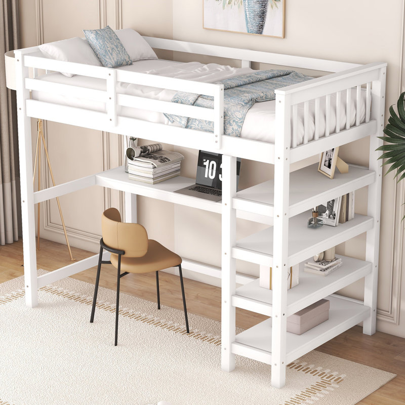 Lit mezzanine avec bureau intégré et tablettes, Simple, Blanc