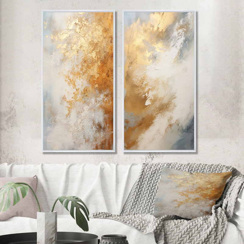 Ensemble de salon mural beige et doré en forme de neige - formes abstraites, ensemble de 2, Cadre flottant blanc