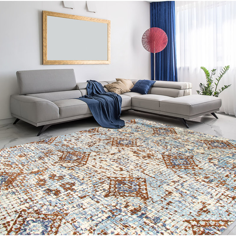 Tapis décoratif bleu/crème de conception unique 8 pi x 10 pi noué à la main New Age