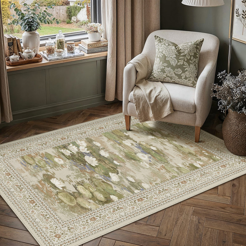 Tapis lavable à la machine Aura Waterlily, Beige, Rectangulaire 3 pi x 5 pi