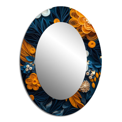 White Blue Floral Botanical Whirlwind I - Modern Oval Wall Mirror