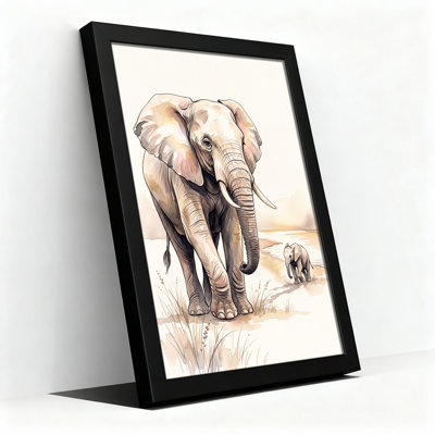 Adulte éléphant et bébé veau en aquarelle beige, art mural sur toile
