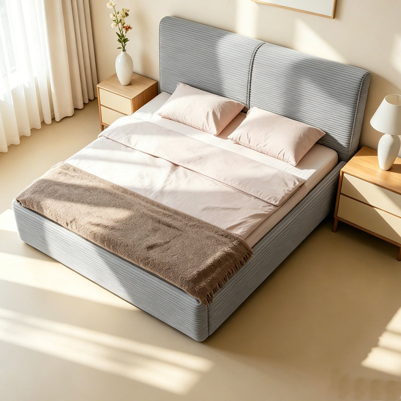 Corduroy upholstered bed with a winged headboard and a pneumatic lift mechanism with hydraulic storage – easy to assemble with just 26 screws