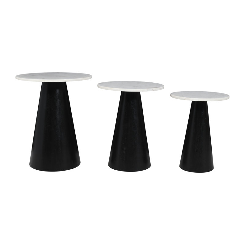 Topher Marble Top Three Pack Solid Wood Accent Table Set, Black