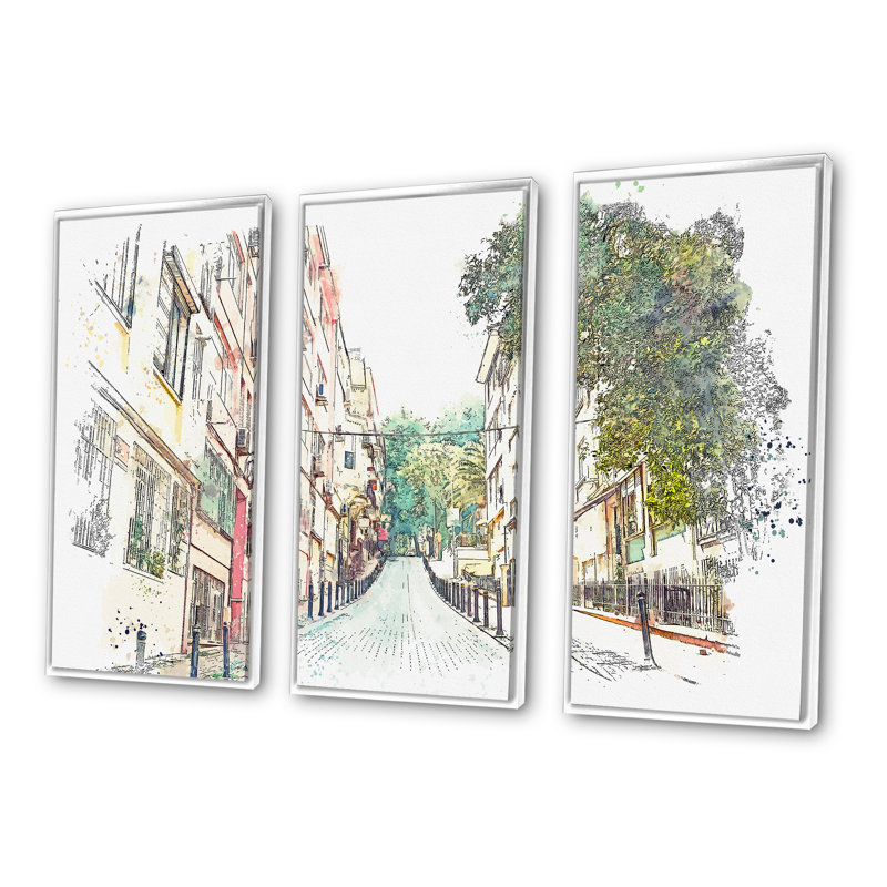 Traditional Street In Istanbul - Ensemble d'art mural sur toile encadré traditionnel de 3, H 32 po x l 48 po, Blanc